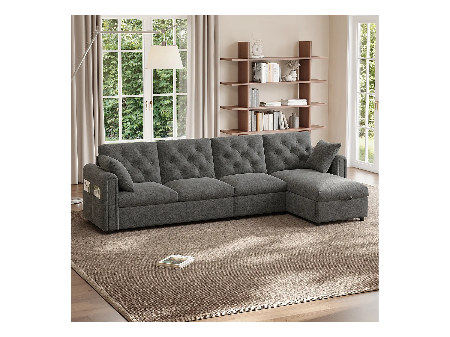 Sofá de canto moderno em L - Com espaço de armazenamento - Ajustável para esquerda e direita - Com bolsos laterais de armazenamento - Veludo - ​​Cinza​