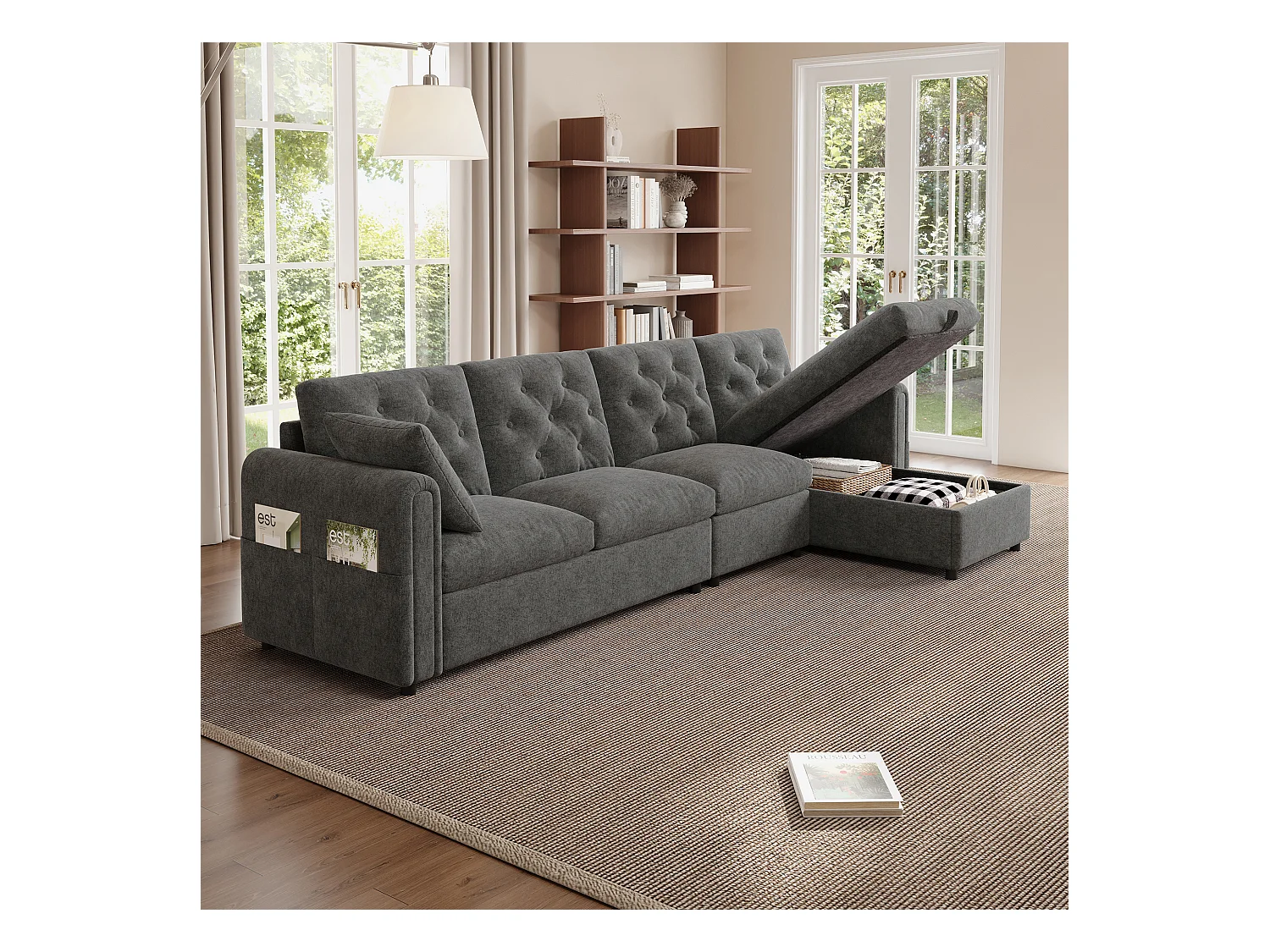 Sofá de canto moderno em L - Com espaço de armazenamento - Ajustável para esquerda e direita - Com bolsos laterais de armazenamento - Veludo - ​​Cinza​