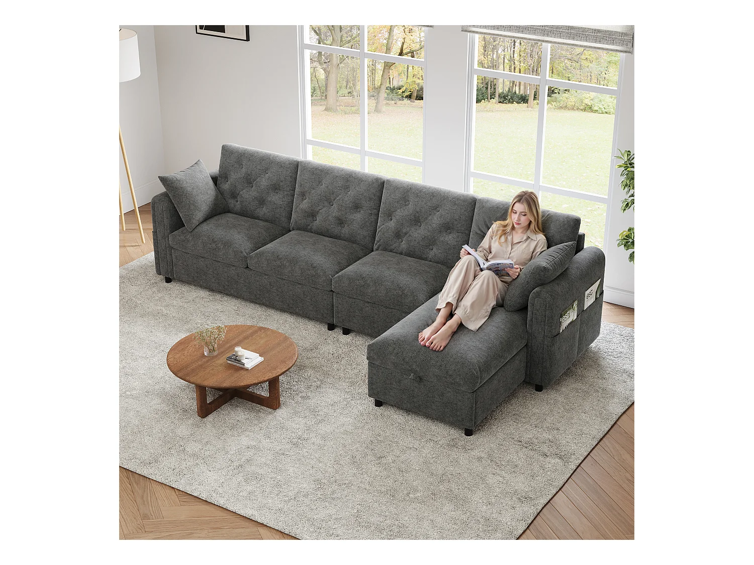 Sofá de canto moderno em L - Com espaço de armazenamento - Ajustável para esquerda e direita - Com bolsos laterais de armazenamento - Veludo - ​​Cinza​