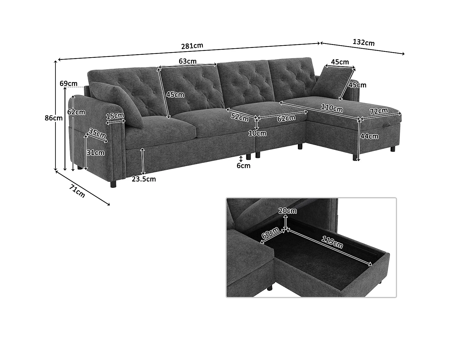 Sofá de canto moderno em L - Com espaço de armazenamento - Ajustável para esquerda e direita - Com bolsos laterais de armazenamento - Veludo - ​​Cinza​
