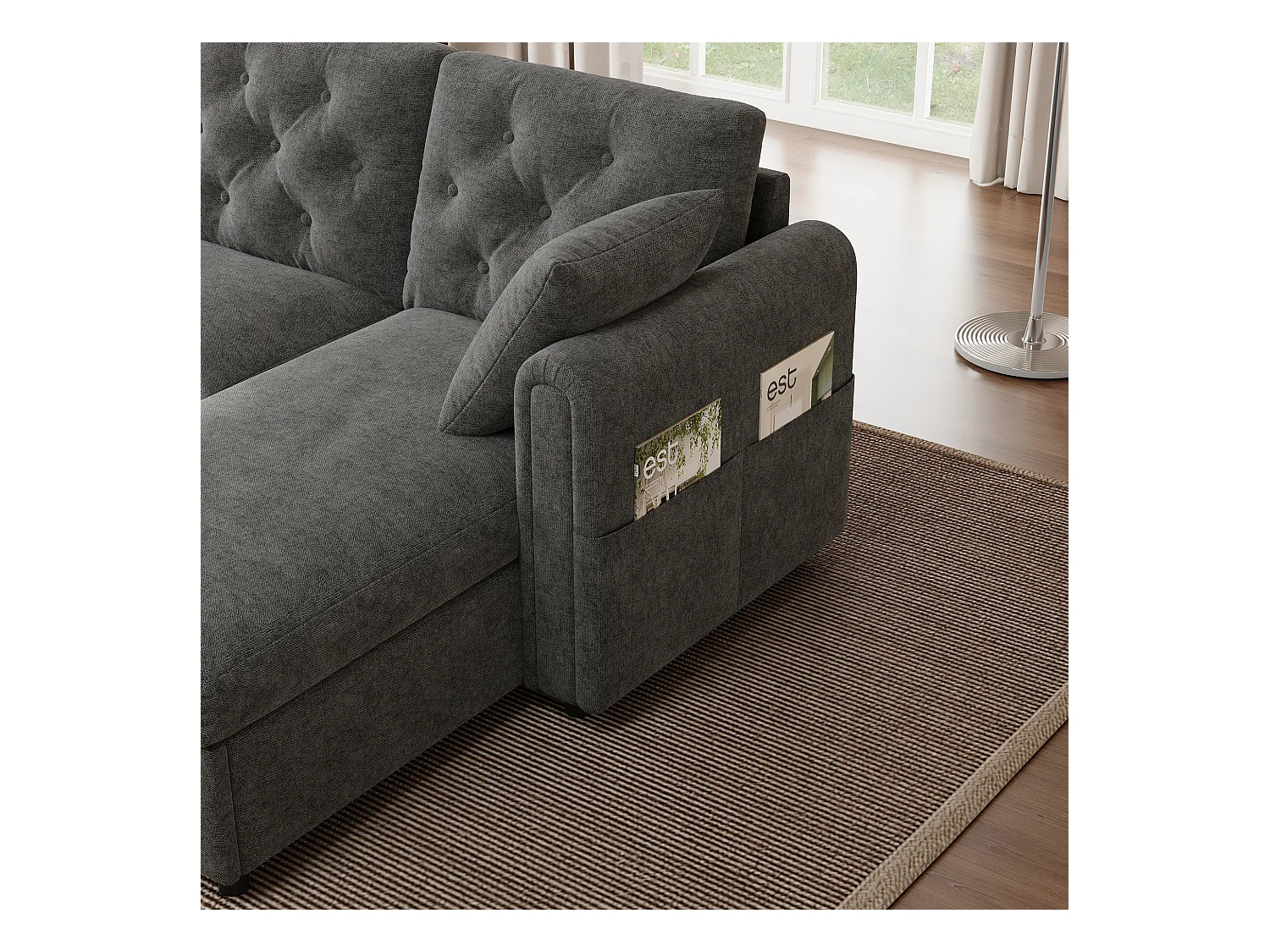 Sofá de canto moderno em L - Com espaço de armazenamento - Ajustável para esquerda e direita - Com bolsos laterais de armazenamento - Veludo - ​​Cinza​