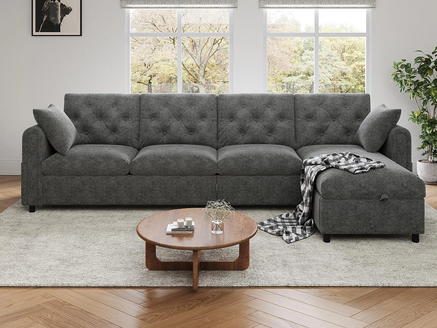 Canapé d'angle moderne en L - avec espace de rangement - réglable à gauche et à droite - avec poches latérales de rangement - velours - Gris