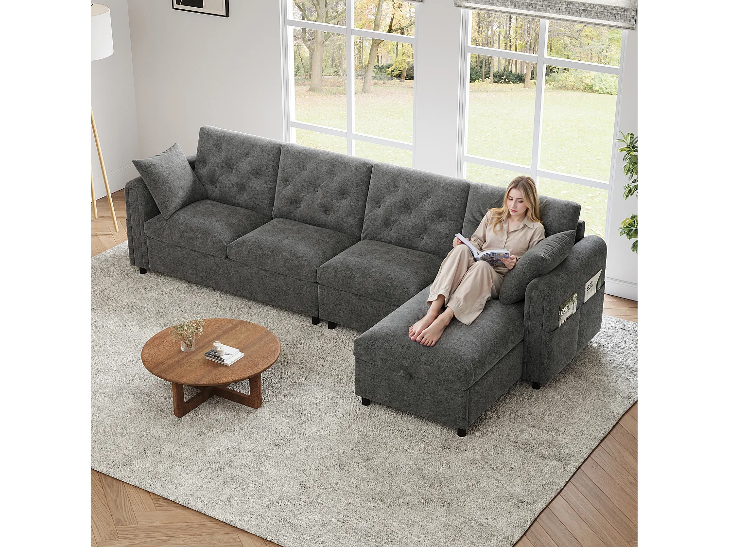 Canapé d'angle moderne en L - avec espace de rangement - réglable à gauche et à droite - avec poches latérales de rangement - velours - Gris