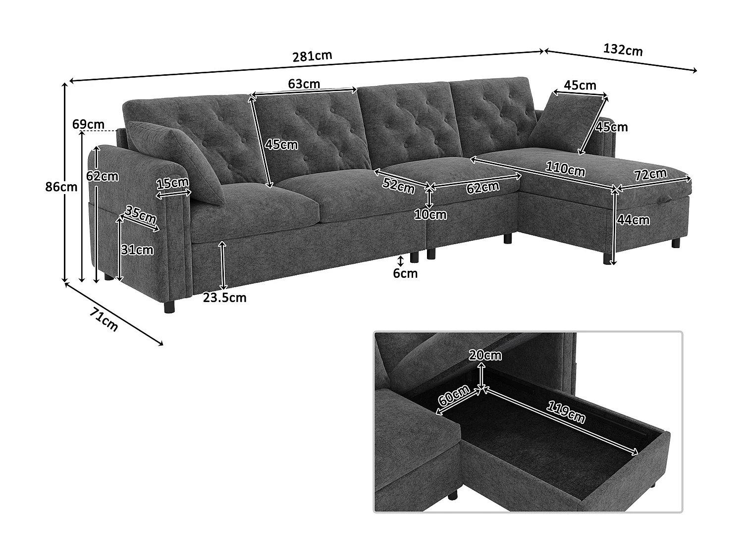 Canapé d'angle moderne en L - avec espace de rangement - réglable à gauche et à droite - avec poches latérales de rangement - velours - Gris