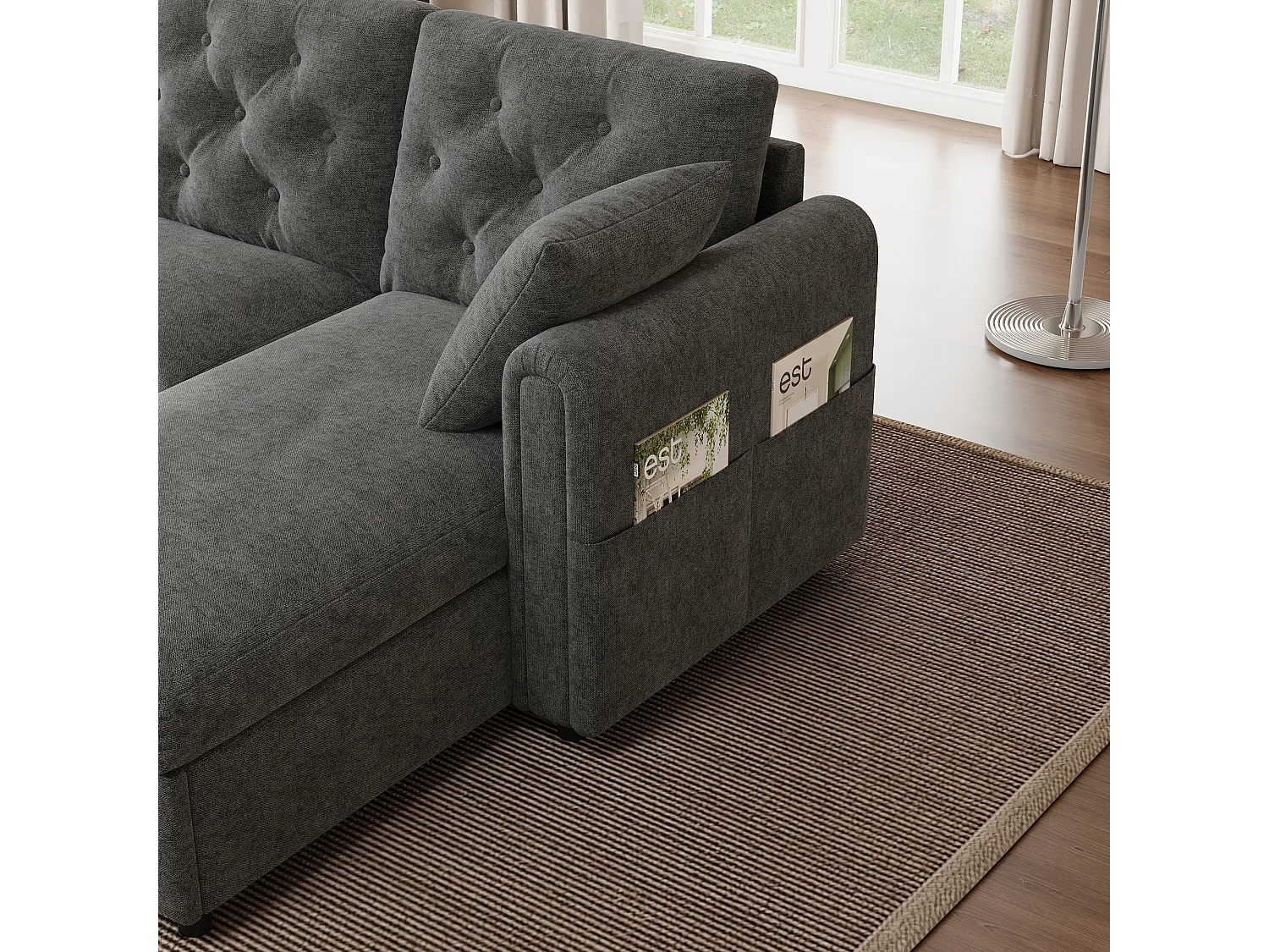 Canapé d'angle moderne en L - avec espace de rangement - réglable à gauche et à droite - avec poches latérales de rangement - velours - Gris