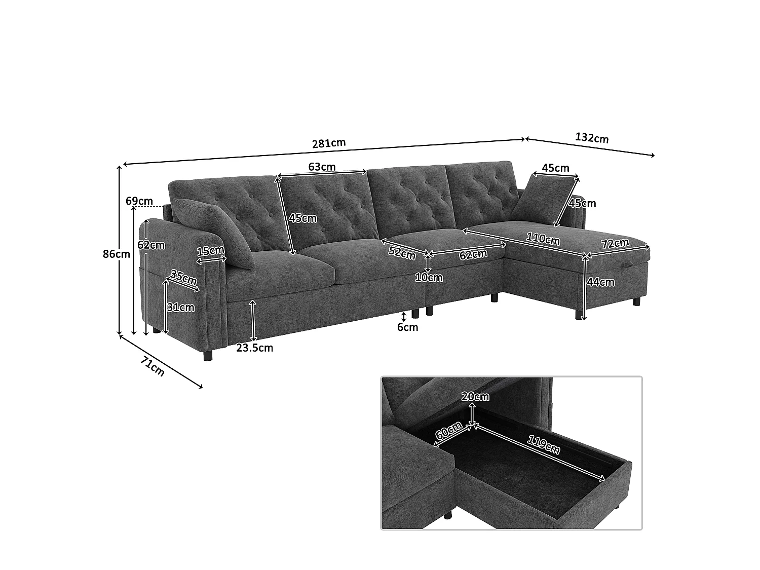 Moderne L-Form Eckcouch - Mit Stauraum - Links und rechts einstellbar - Mit seitlichen Aufbewahrungstaschen - Samt - ​​Grau​