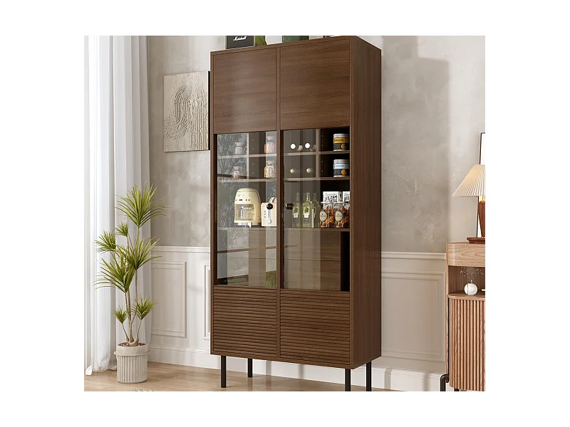 Vitrine 75x35x164.5 cm - 2 Türen - Glasfront + mehrlagiges Regalbrett + Geheimschublade - ​​Nussbaum​