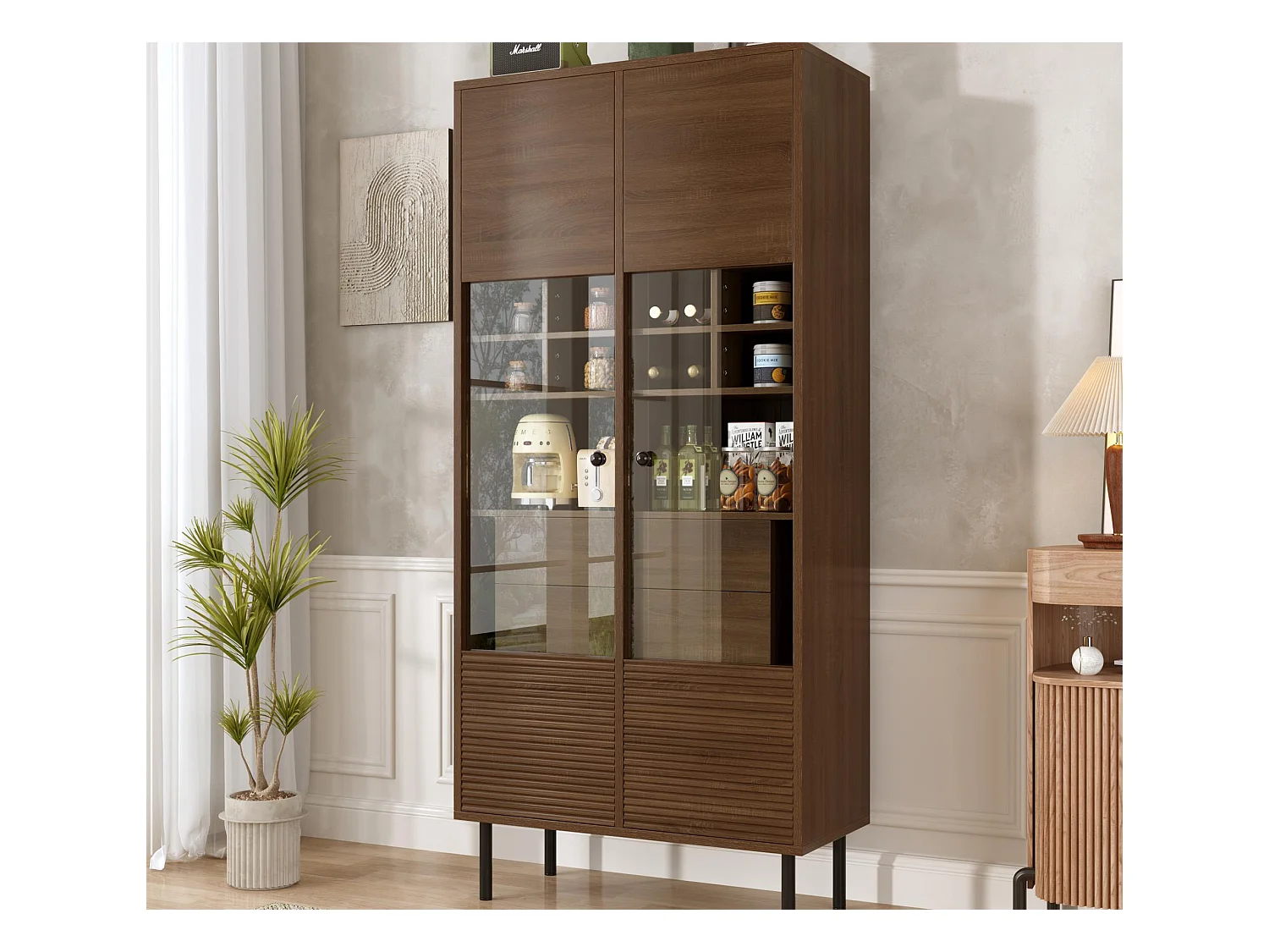 Vitrine 75x35x164.5 cm - 2 Türen - Glasfront + mehrlagiges Regalbrett + Geheimschublade - ​​Nussbaum​