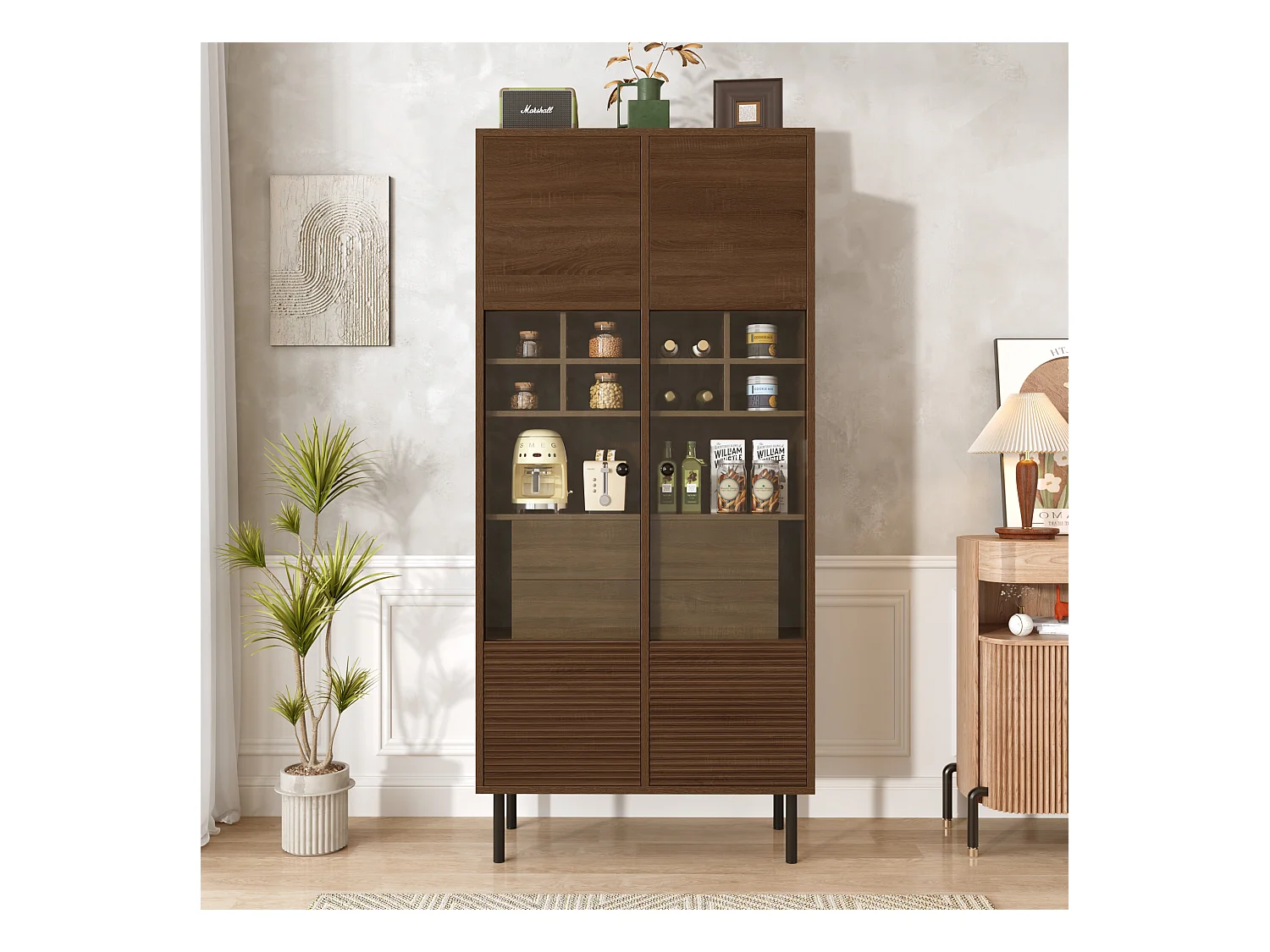 Vitrine 75x35x164.5 cm - 2 Türen - Glasfront + mehrlagiges Regalbrett + Geheimschublade - ​​Nussbaum​