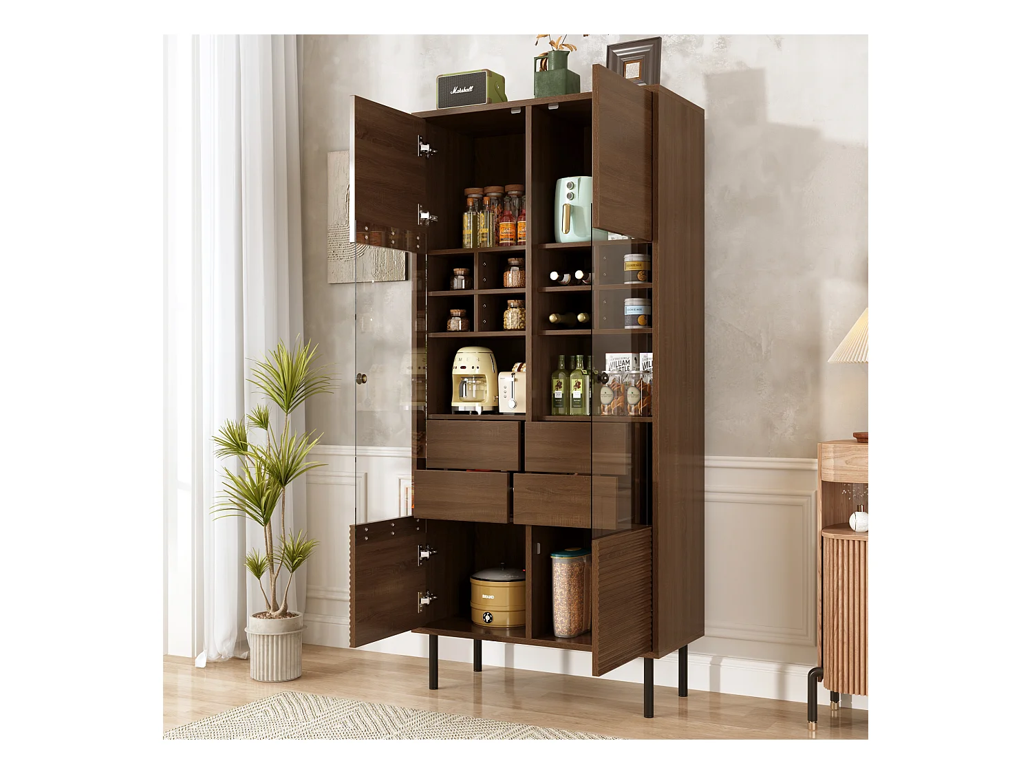 Vitrine 75x35x164.5 cm - 2 Türen - Glasfront + mehrlagiges Regalbrett + Geheimschublade - ​​Nussbaum​