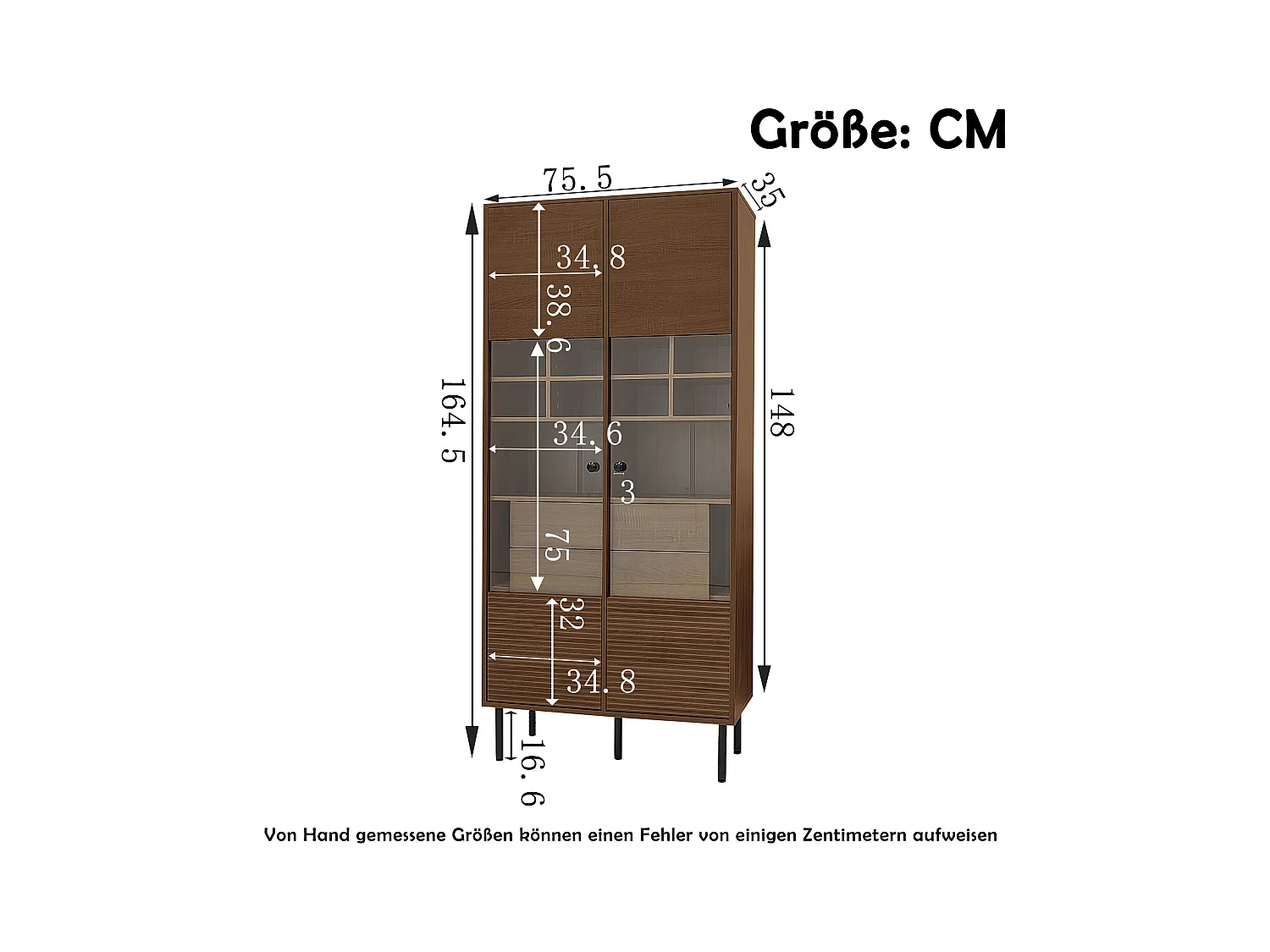 Vitrine 75x35x164.5 cm - 2 Türen - Glasfront + mehrlagiges Regalbrett + Geheimschublade - ​​Nussbaum​