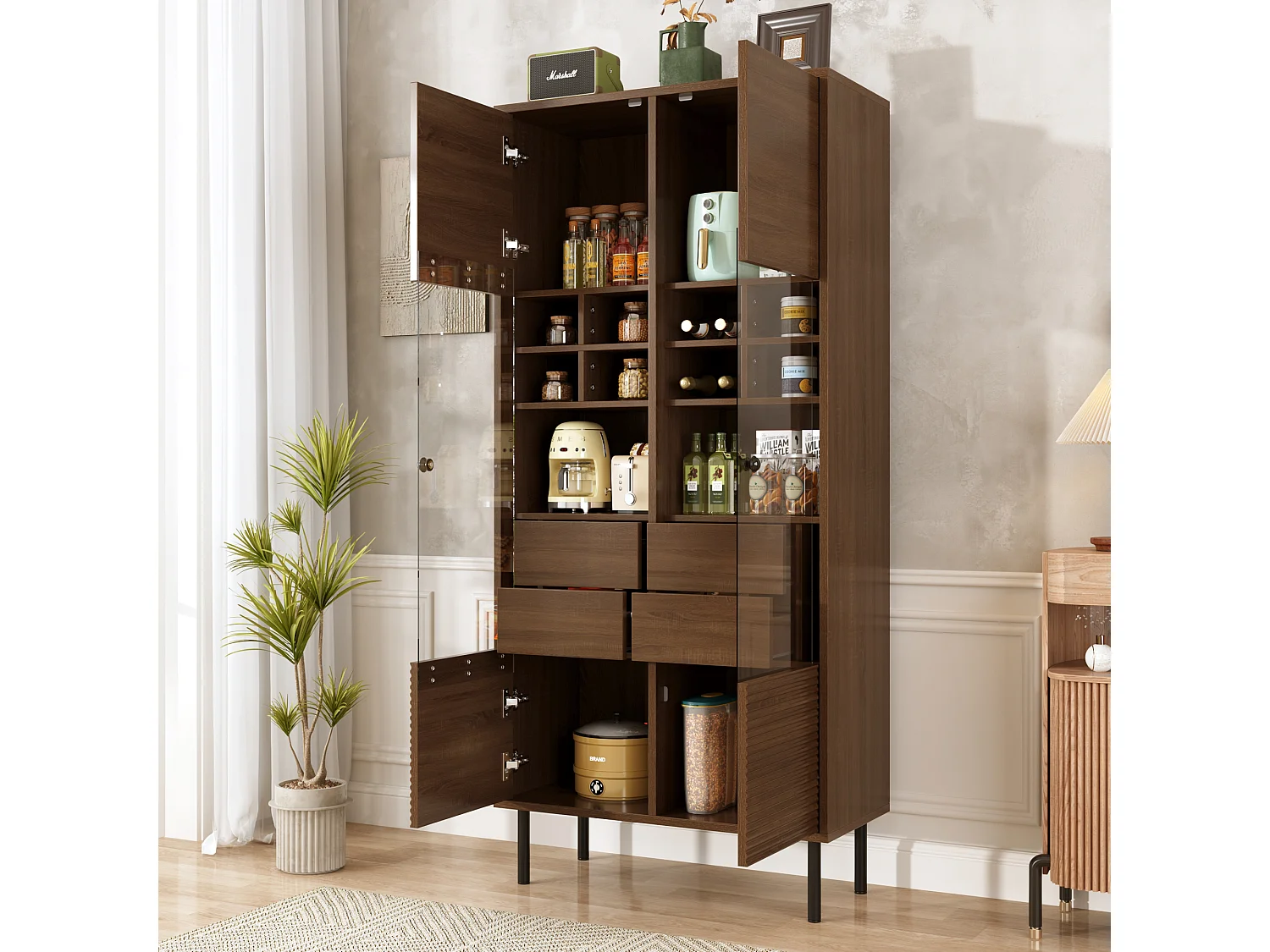 Vetrina 75x35x164.5 cm - 2 ante - Pannello in vetro + ripiano multistrato + cassetto nascosto - ​​Noce​