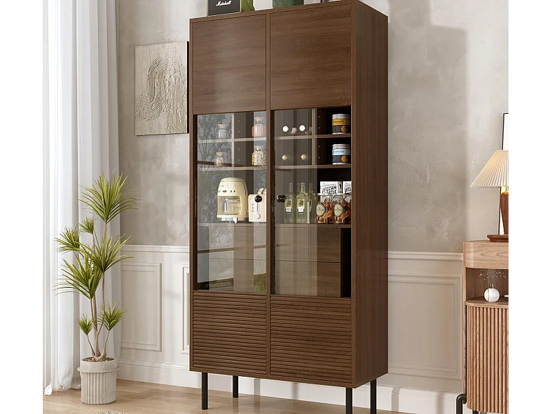 Vitrinekast 75x35x164.5 cm - 2 deuren - Glazen paneel + meerdere schappen + verborgen lade - ​​Notenhout​