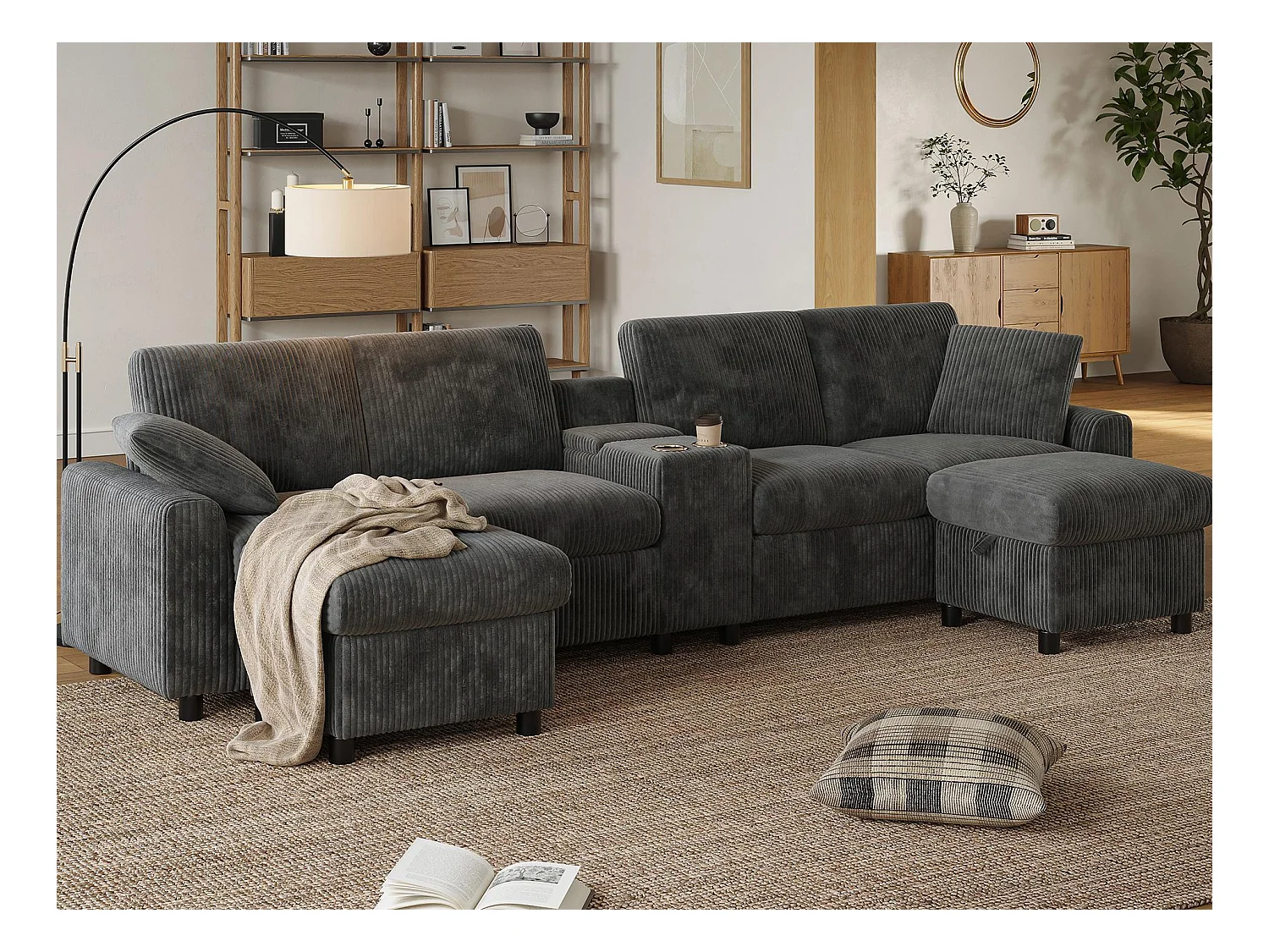 Sofá de canto moderno em U - com USB e Type-C - com 2 pés de apoio com armazenamento - com 2 porta-copos - veludo canelado - Cinza