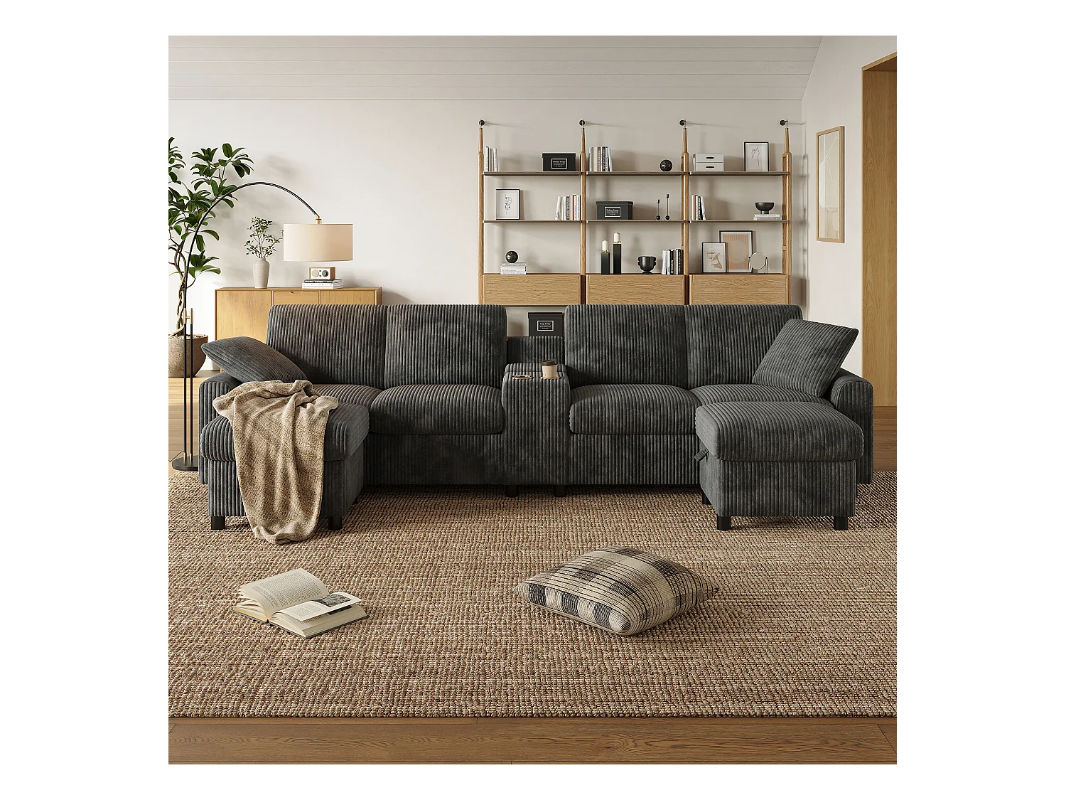 Sofá de canto moderno em U - com USB e Type-C - com 2 pés de apoio com armazenamento - com 2 porta-copos - veludo canelado - Cinza