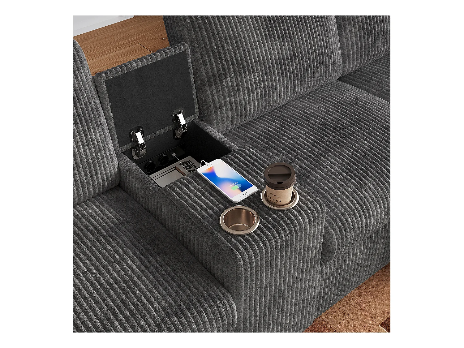 Sofá de canto moderno em U - com USB e Type-C - com 2 pés de apoio com armazenamento - com 2 porta-copos - veludo canelado - Cinza