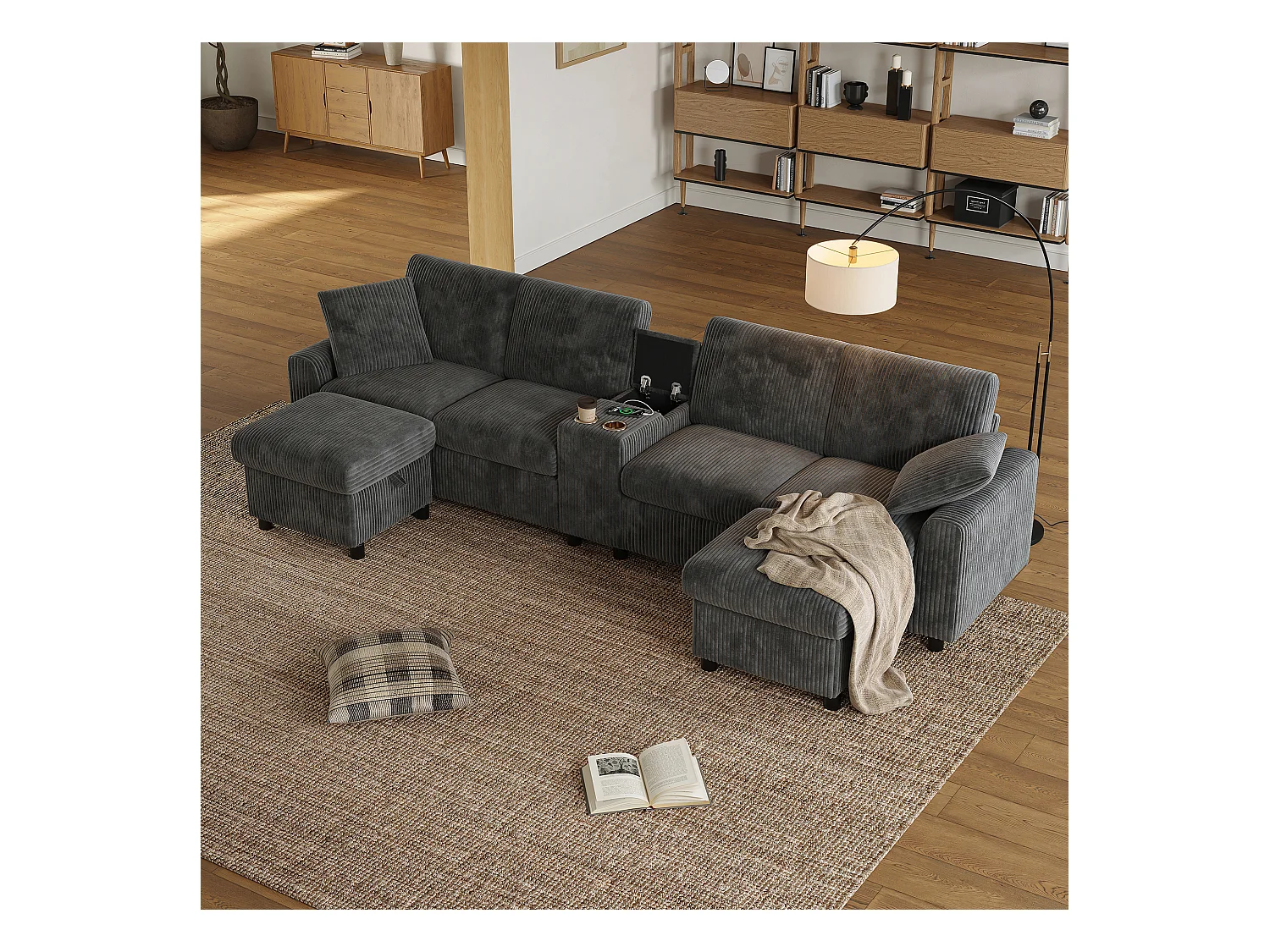 Sofá de canto moderno em U - com USB e Type-C - com 2 pés de apoio com armazenamento - com 2 porta-copos - veludo canelado - Cinza