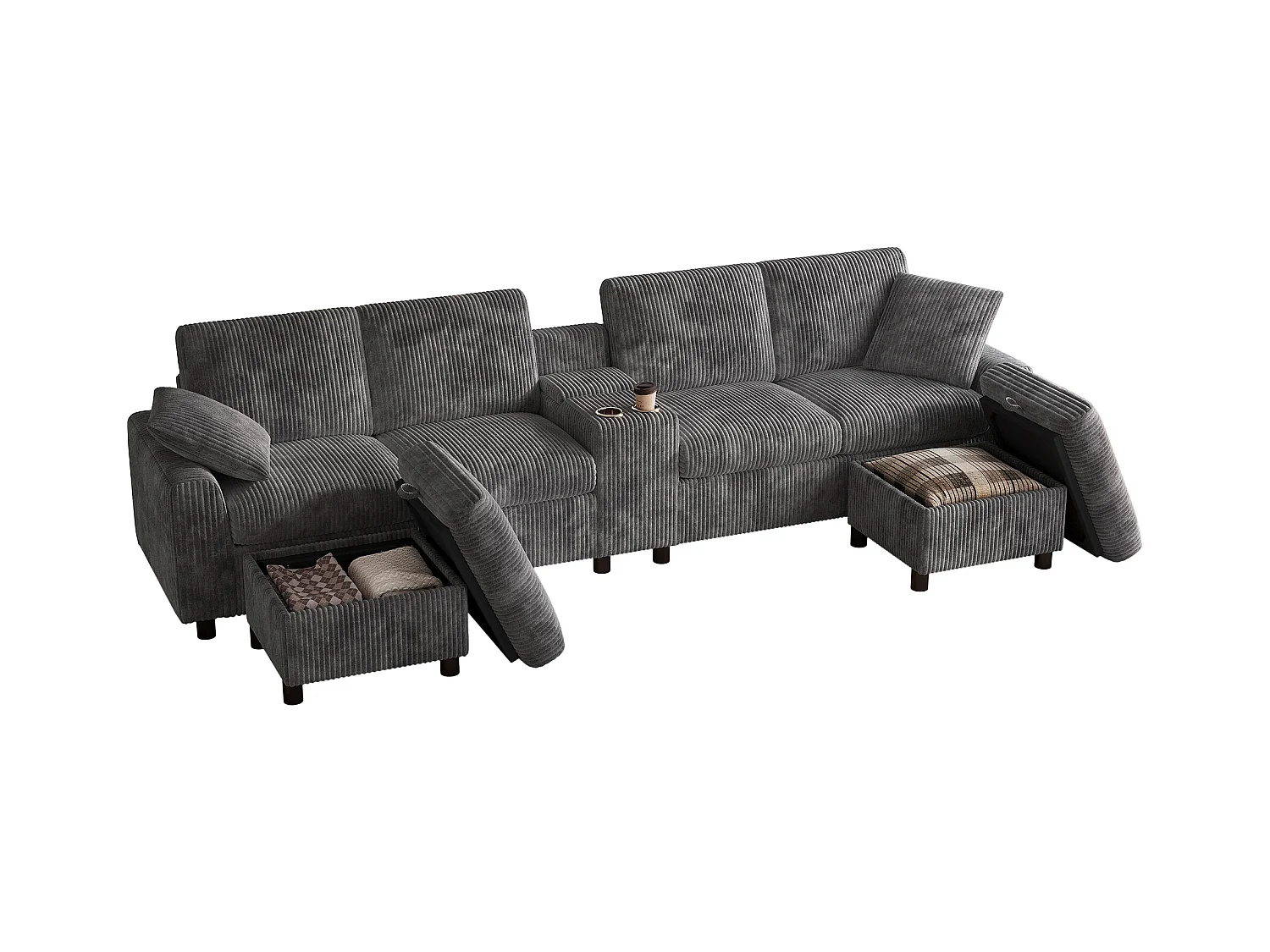 Sofá de canto moderno em U - com USB e Type-C - com 2 pés de apoio com armazenamento - com 2 porta-copos - veludo canelado - Cinza