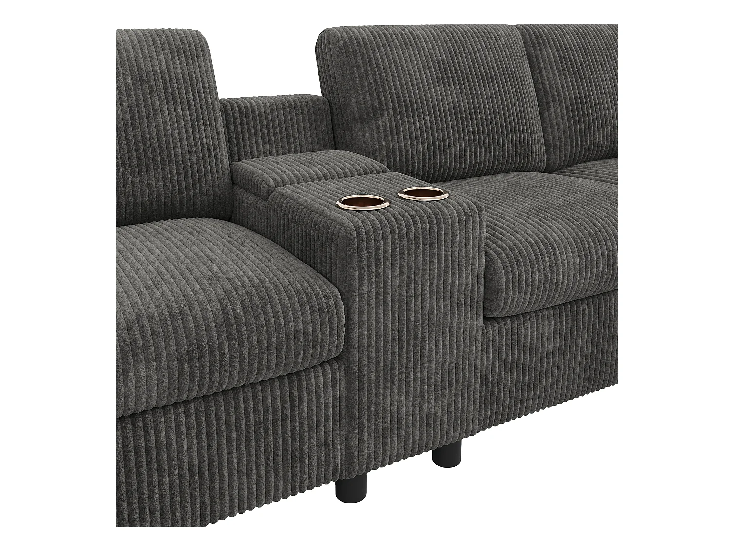 Sofá de canto moderno em U - com USB e Type-C - com 2 pés de apoio com armazenamento - com 2 porta-copos - veludo canelado - Cinza