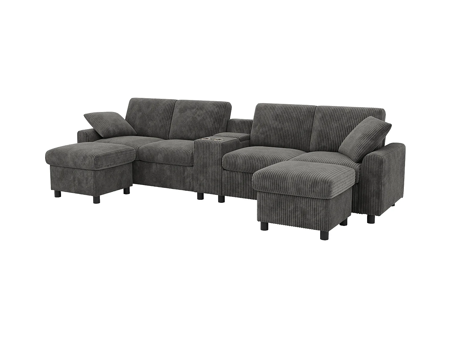 Sofá de canto moderno em U - com USB e Type-C - com 2 pés de apoio com armazenamento - com 2 porta-copos - veludo canelado - Cinza