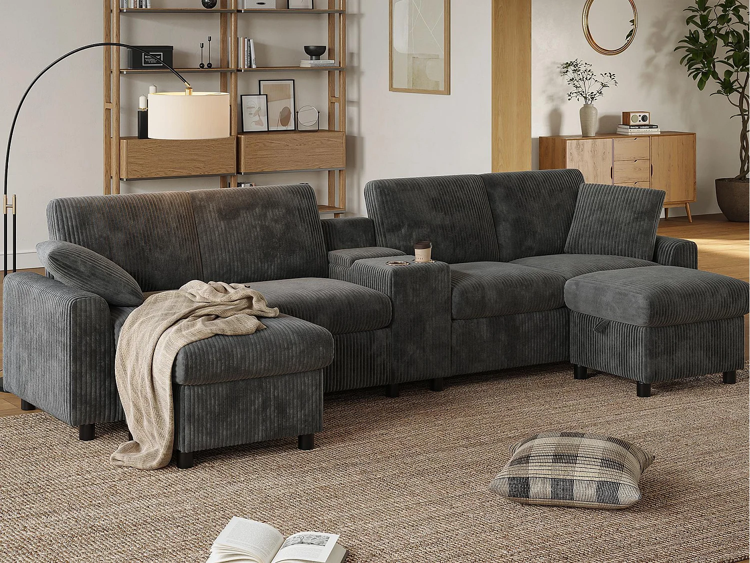 Canapé d'angle moderne en U -  avec USB et Type-C - avec 2 repose-pieds de rangement - avec 2 porte-gobelets - velours côtelé - Gris