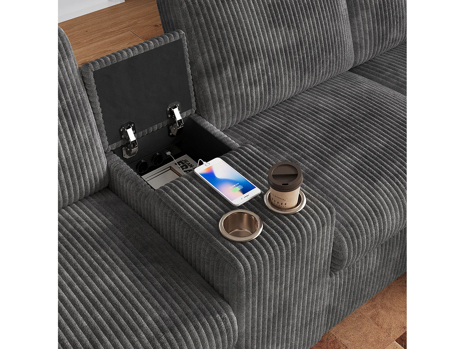 Canapé d'angle moderne en U -  avec USB et Type-C - avec 2 repose-pieds de rangement - avec 2 porte-gobelets - velours côtelé - Gris