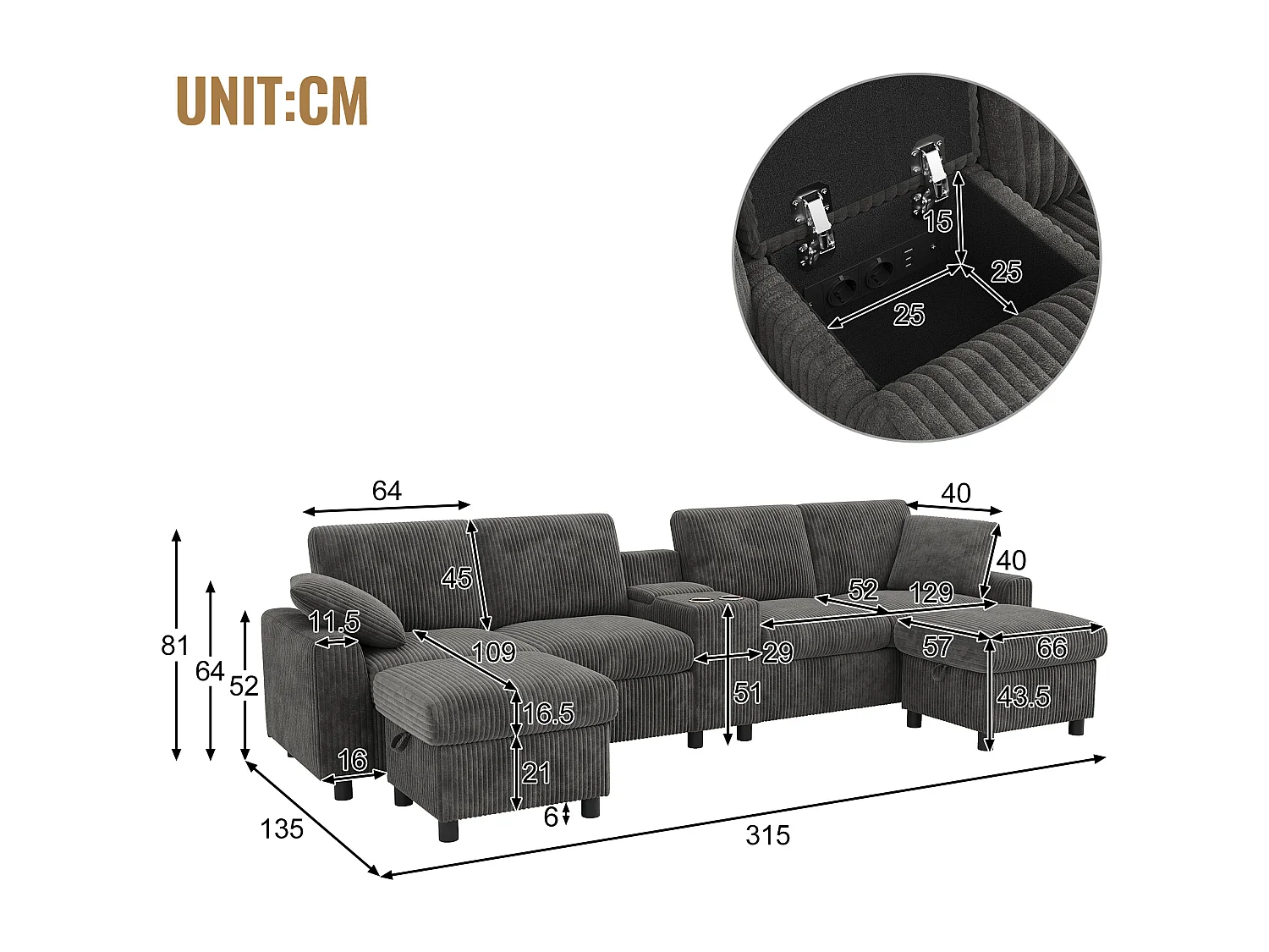 Canapé d'angle moderne en U -  avec USB et Type-C - avec 2 repose-pieds de rangement - avec 2 porte-gobelets - velours côtelé - Gris