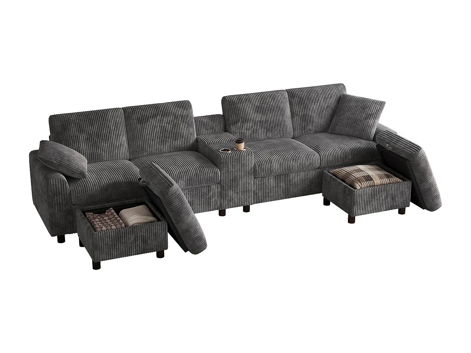 Canapé d'angle moderne en U -  avec USB et Type-C - avec 2 repose-pieds de rangement - avec 2 porte-gobelets - velours côtelé - Gris