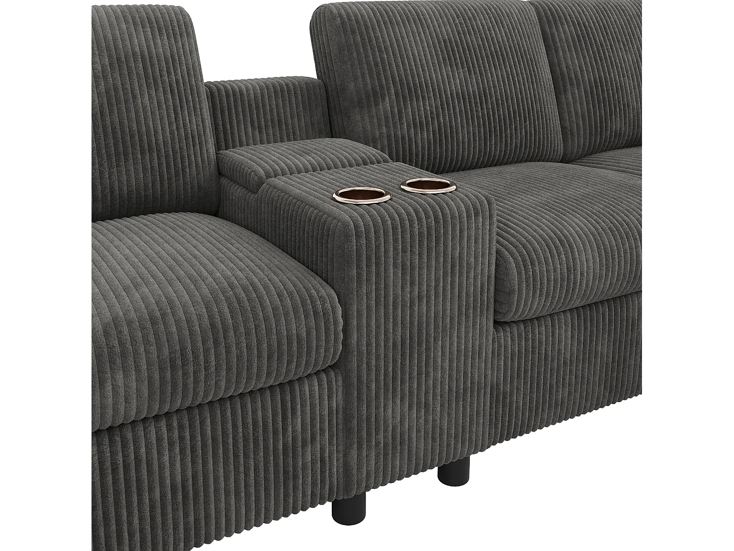 Canapé d'angle moderne en U -  avec USB et Type-C - avec 2 repose-pieds de rangement - avec 2 porte-gobelets - velours côtelé - Gris