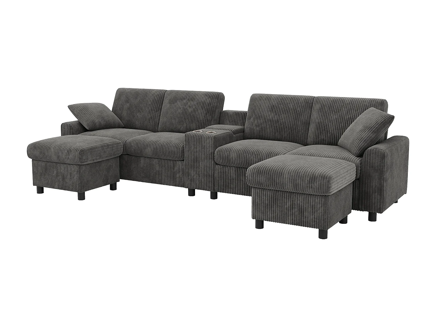 Canapé d'angle moderne en U -  avec USB et Type-C - avec 2 repose-pieds de rangement - avec 2 porte-gobelets - velours côtelé - Gris