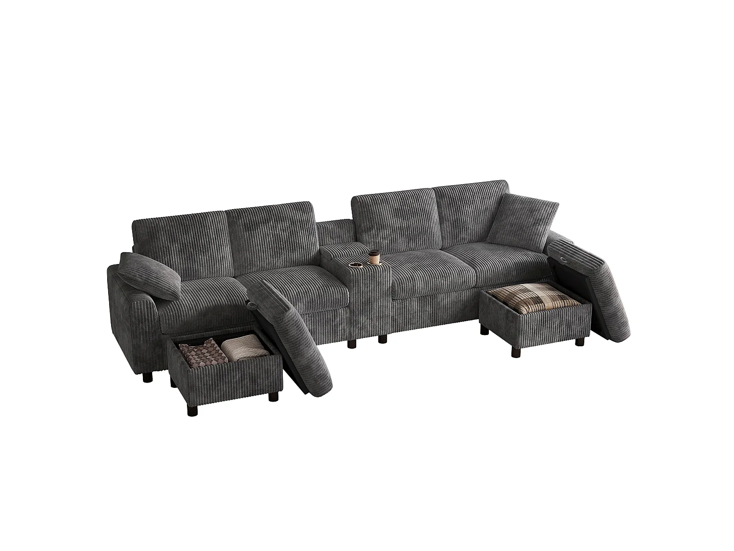 Canapé d'angle moderne en U -  avec USB et Type-C - avec 2 repose-pieds de rangement - avec 2 porte-gobelets - velours côtelé - Gris