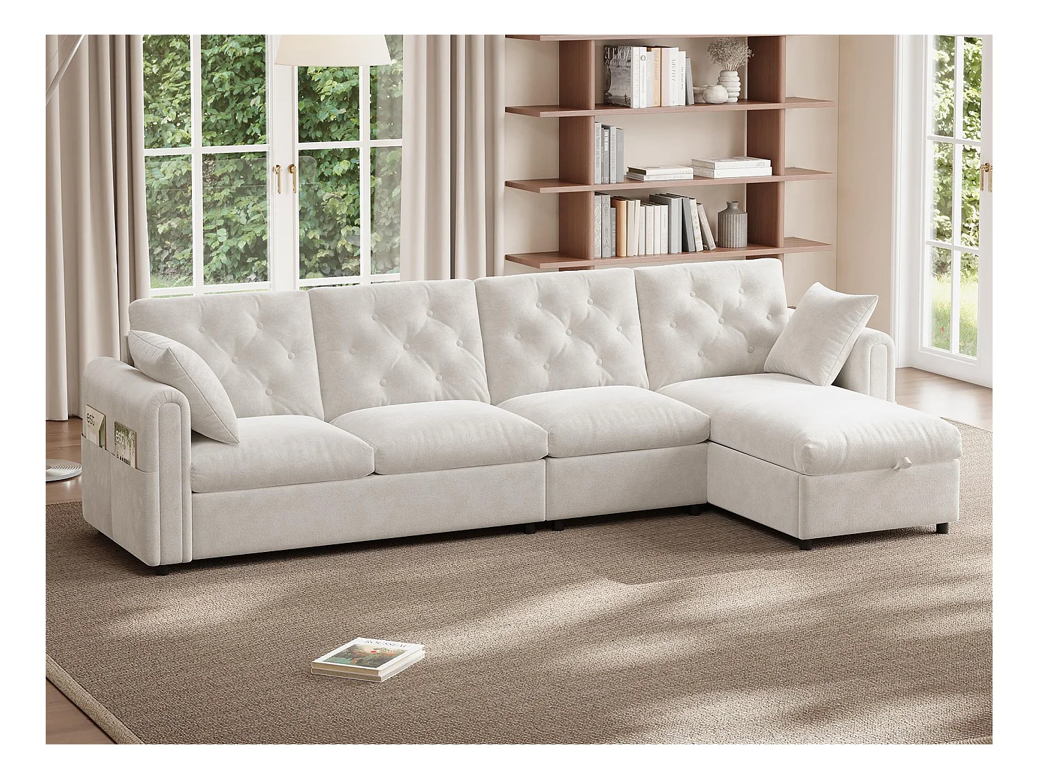 Sofá de canto moderno em L - Com espaço de armazenamento - Ajustável para esquerda e direita - Com bolsos laterais de armazenamento - Veludo - ​​Bege​