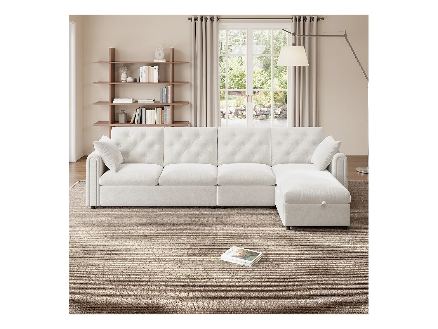 Sofá de canto moderno em L - Com espaço de armazenamento - Ajustável para esquerda e direita - Com bolsos laterais de armazenamento - Veludo - ​​Bege​