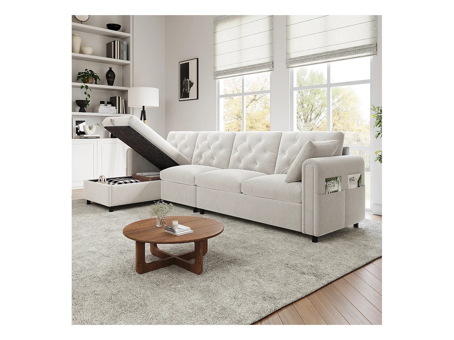 Sofá de canto moderno em L - Com espaço de armazenamento - Ajustável para esquerda e direita - Com bolsos laterais de armazenamento - Veludo - ​​Bege​