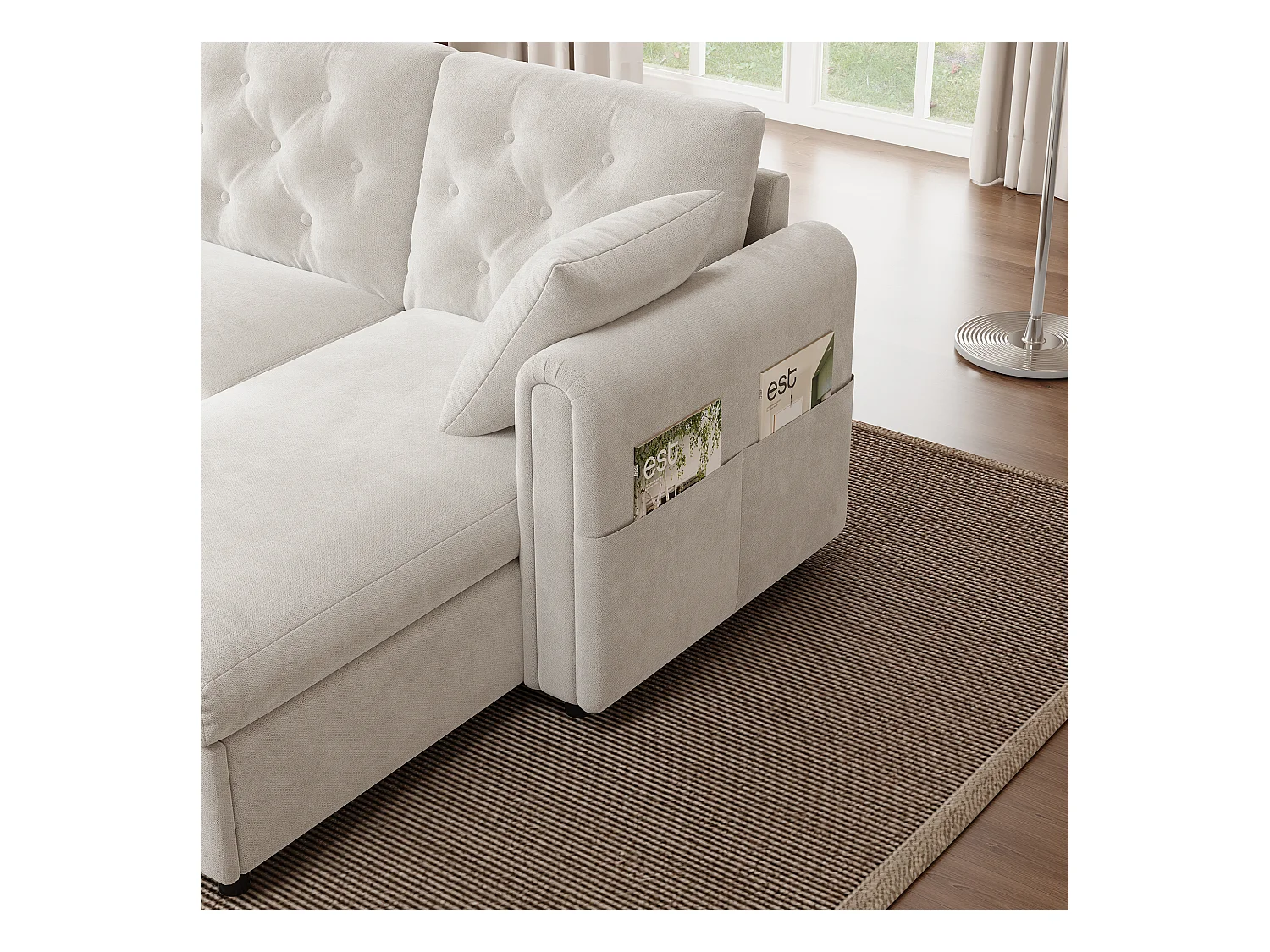 Sofá de canto moderno em L - Com espaço de armazenamento - Ajustável para esquerda e direita - Com bolsos laterais de armazenamento - Veludo - ​​Bege​