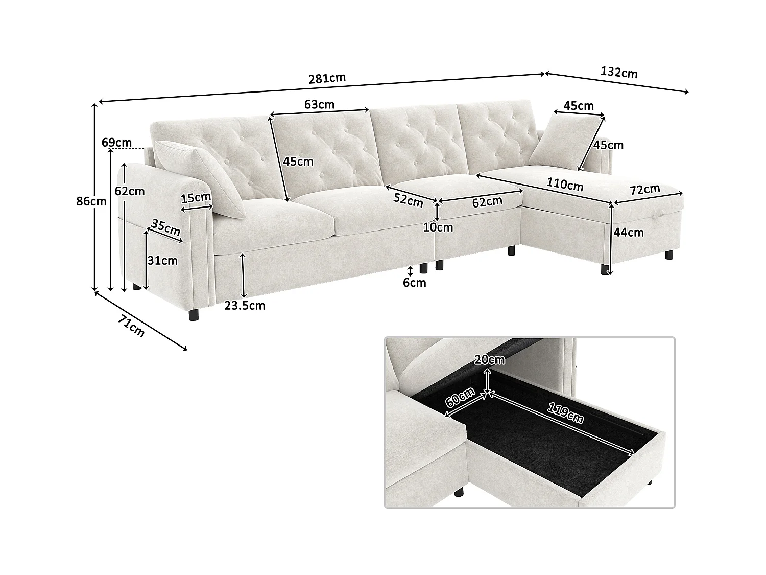 Sofá de canto moderno em L - Com espaço de armazenamento - Ajustável para esquerda e direita - Com bolsos laterais de armazenamento - Veludo - ​​Bege​