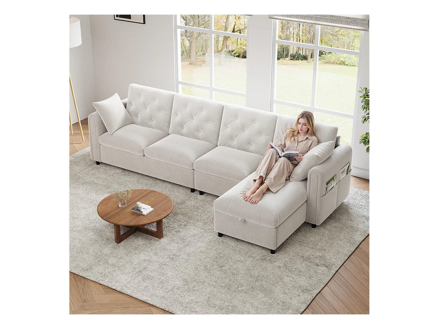 Sofá de canto moderno em L - Com espaço de armazenamento - Ajustável para esquerda e direita - Com bolsos laterais de armazenamento - Veludo - ​​Bege​