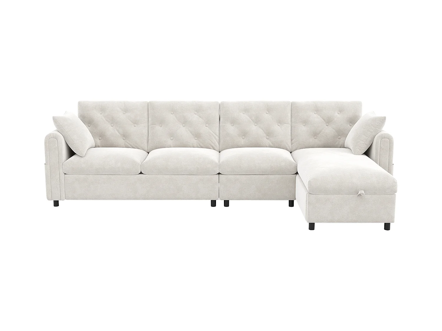 Sofá de canto moderno em L - Com espaço de armazenamento - Ajustável para esquerda e direita - Com bolsos laterais de armazenamento - Veludo - ​​Bege​