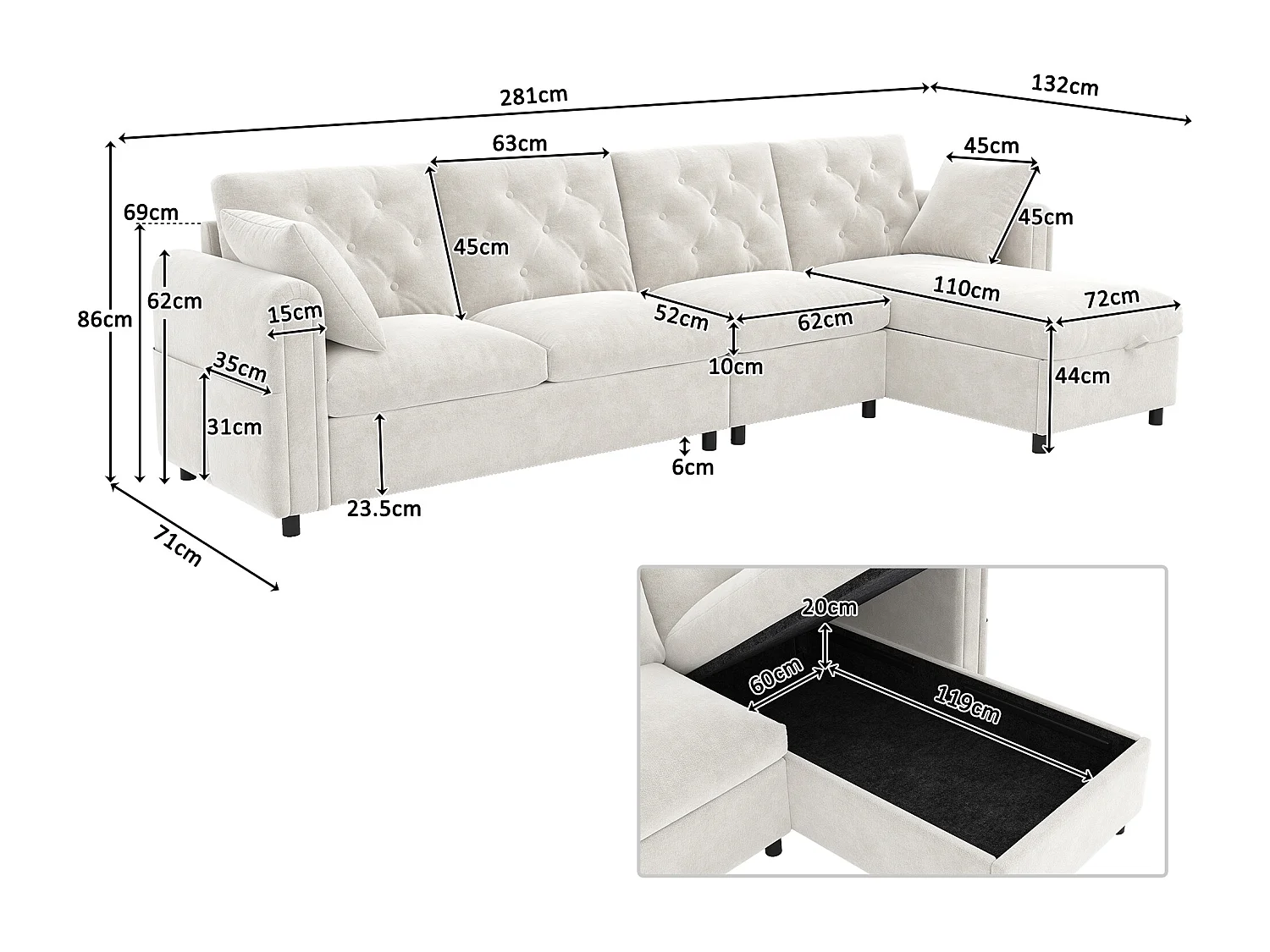 Canapé d'angle moderne en L - avec espace de rangement - réglable à gauche et à droite - avec poches latérales de rangement - velours - Beige
