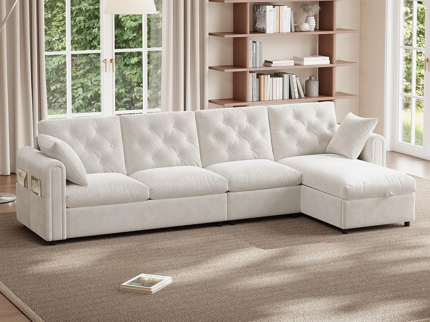 Canapé d'angle moderne en L - avec espace de rangement - réglable à gauche et à droite - avec poches latérales de rangement - velours - Beige