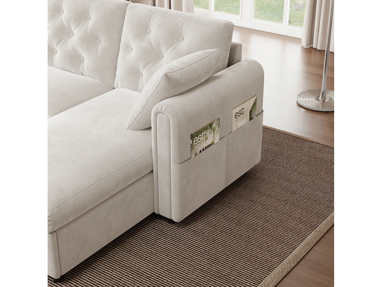 Canapé d'angle moderne en L - avec espace de rangement - réglable à gauche et à droite - avec poches latérales de rangement - velours - Beige