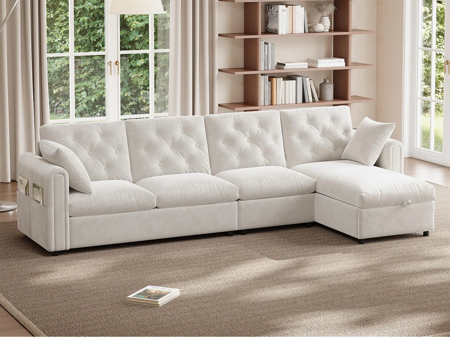 Modern L-shaped corner sofa - with storage space - adjustable left and right - with side storage pockets - velvet - Beige