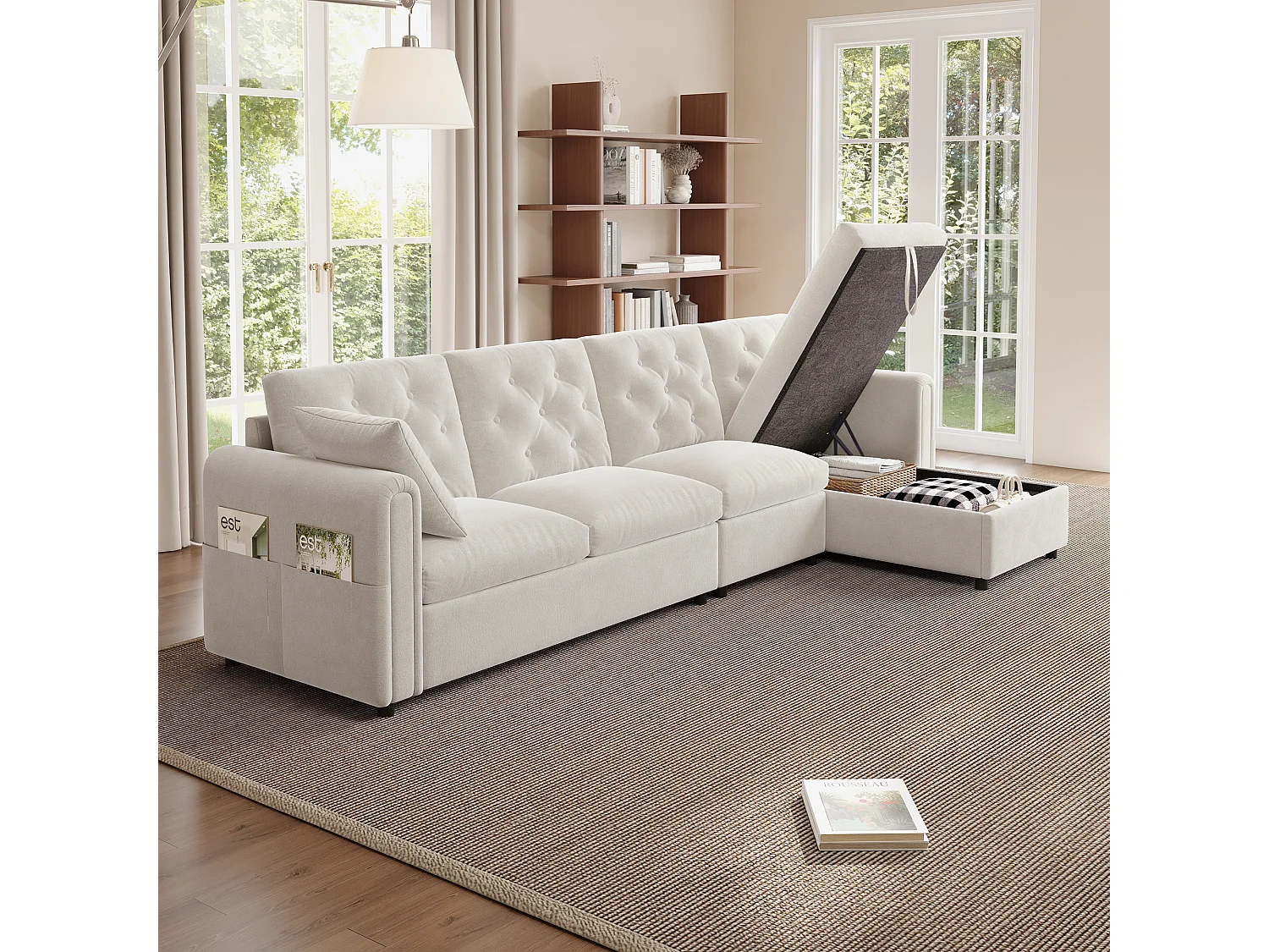Modern L-shaped corner sofa - with storage space - adjustable left and right - with side storage pockets - velvet - Beige