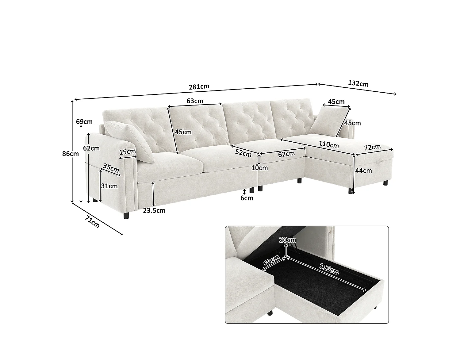 Modern L-shaped corner sofa - with storage space - adjustable left and right - with side storage pockets - velvet - Beige
