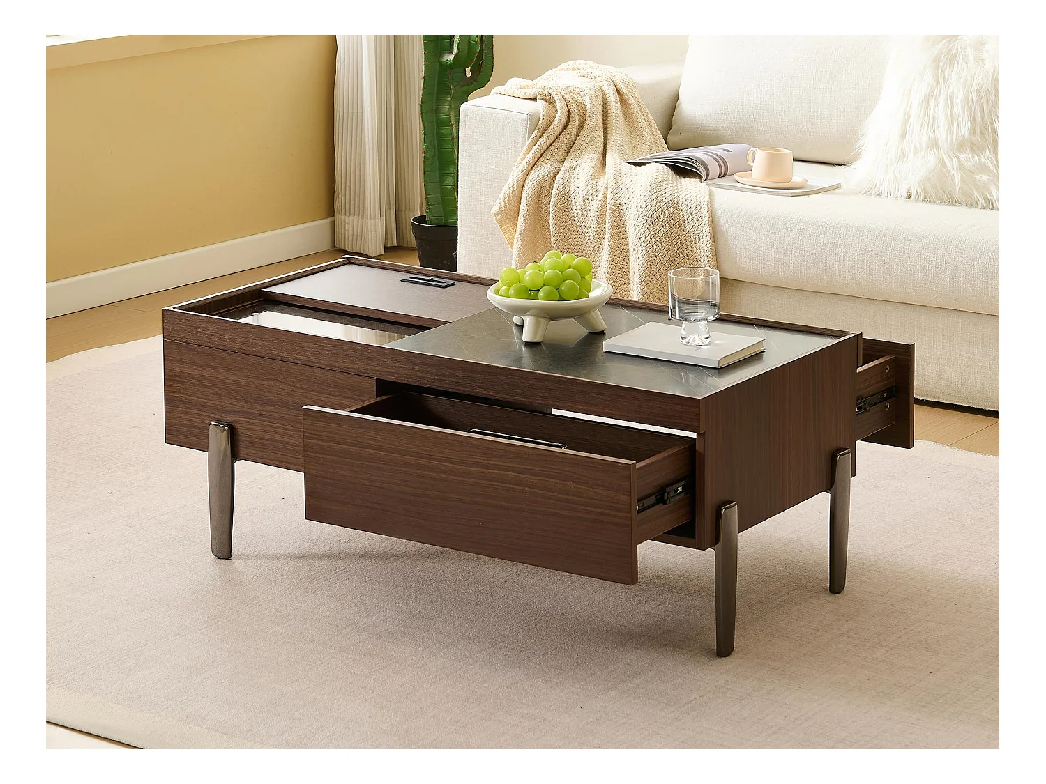 Couchtisch 105x50x41.5 cm - mit 2 Schubladen - Glasplatte - Metallfüße - MDF - Braun