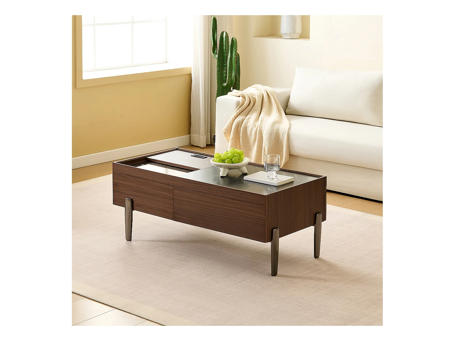 Couchtisch 105x50x41.5 cm - mit 2 Schubladen - Glasplatte - Metallfüße - MDF - Braun