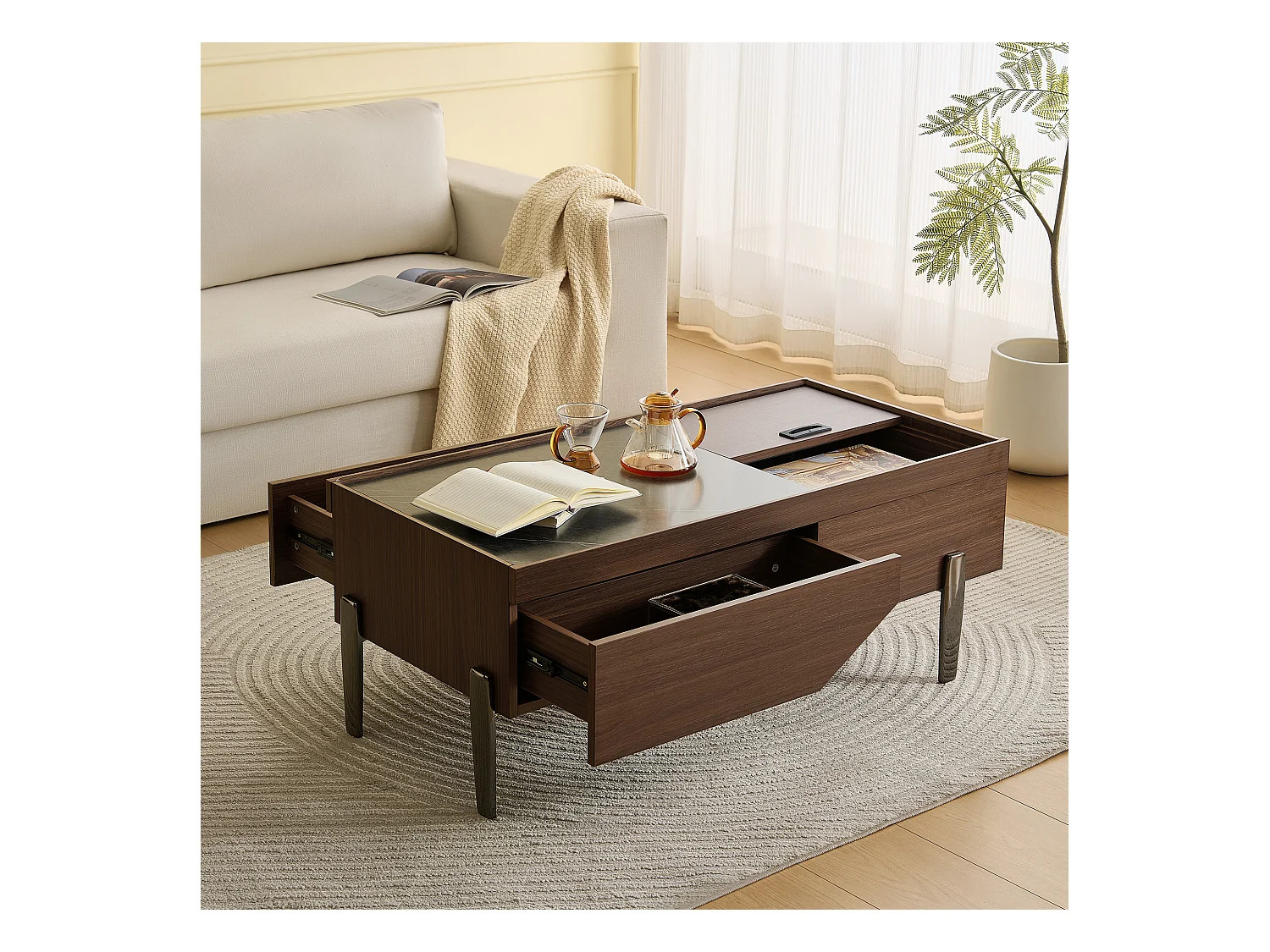 Couchtisch 105x50x41.5 cm - mit 2 Schubladen - Glasplatte - Metallfüße - MDF - Braun