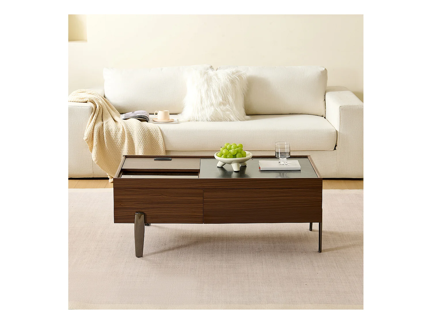 Couchtisch 105x50x41.5 cm - mit 2 Schubladen - Glasplatte - Metallfüße - MDF - Braun