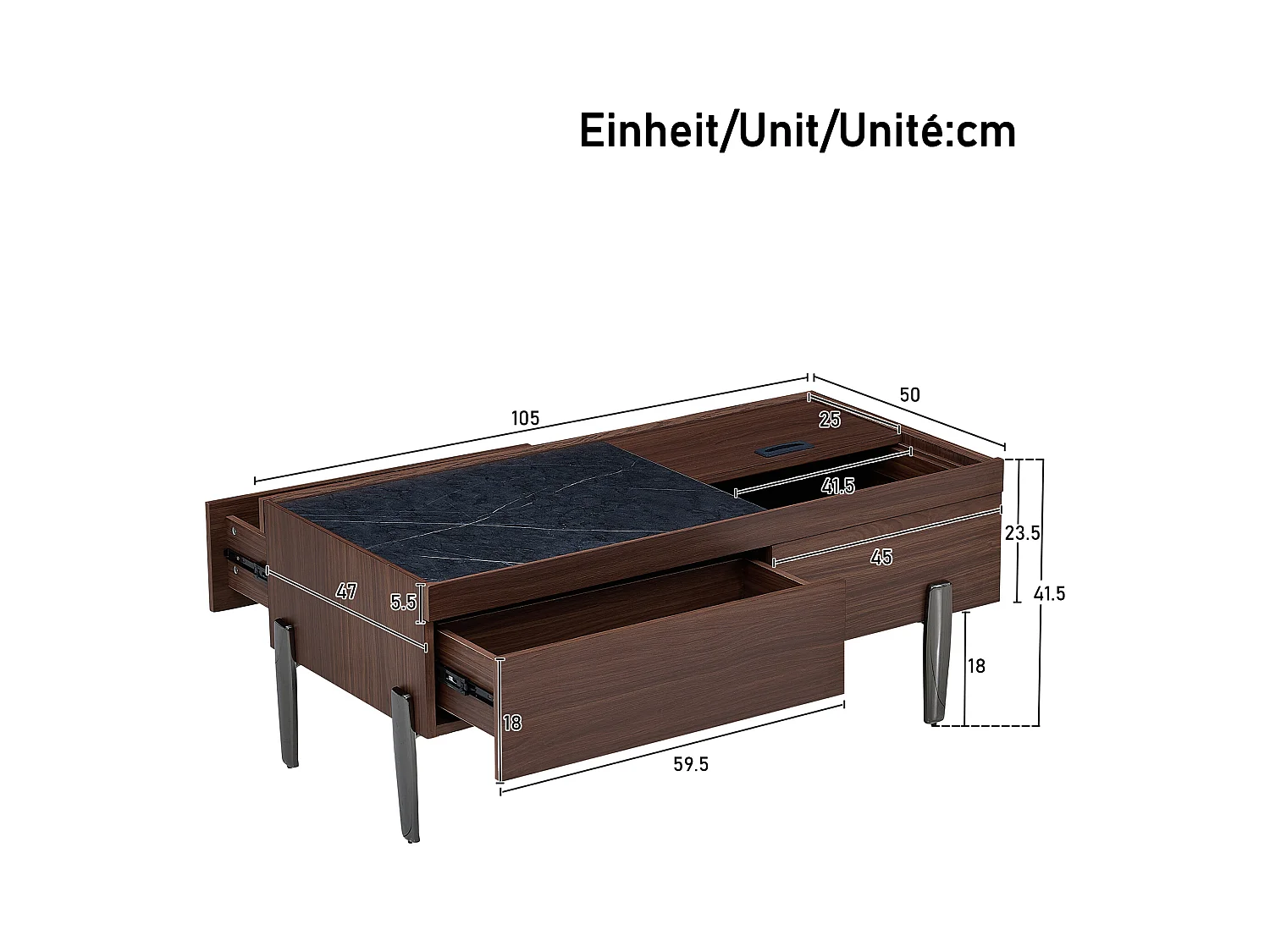 Couchtisch 105x50x41.5 cm - mit 2 Schubladen - Glasplatte - Metallfüße - MDF - Braun