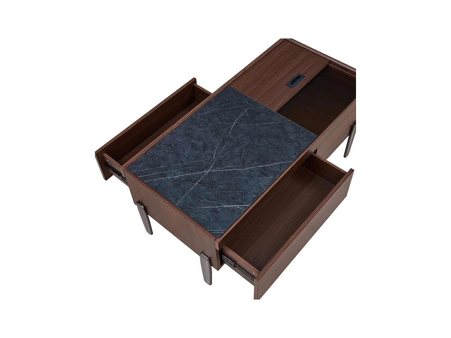 Couchtisch 105x50x41.5 cm - mit 2 Schubladen - Glasplatte - Metallfüße - MDF - Braun